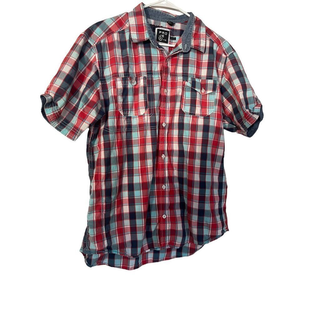 PROJEKRAW Mens Multicolor Plaid Collared Short Sleeves Button-Up Shirts XL